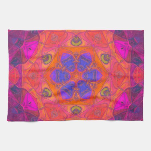 モザイクマンダラフラワーオレンジパープルとピンク キッチンタオル (横)