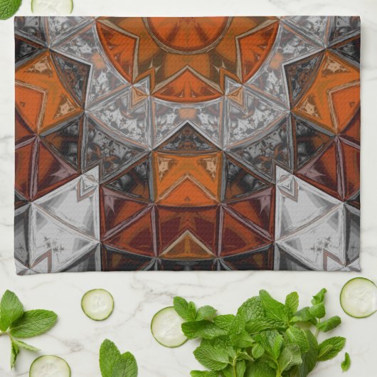 モザイクマンダラフラワーオレンジ白と黒 キッチンタオル (折り畳み)