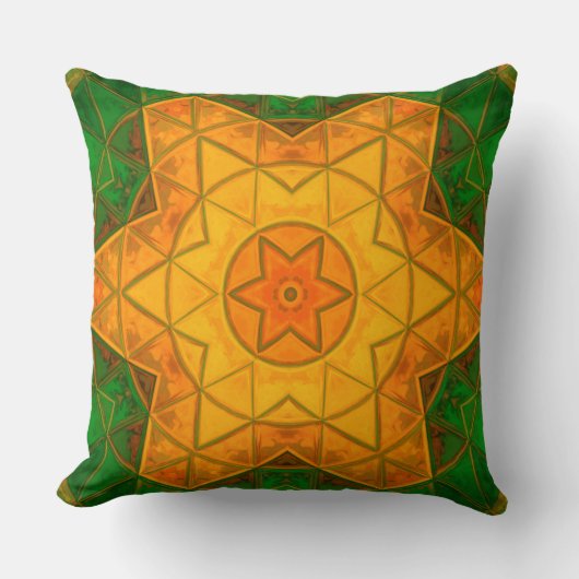 モザイクマンダラフラワーグリーンと黄色 クッション (正面)