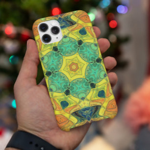 モザイクマンダラフラワーグリーンイエローブルーとオレンジ iPhone 11 ケース
