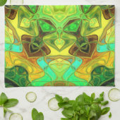 モザイクマンダラフラワーグリーンブルーとイエロー キッチンタオル (折り畳み)