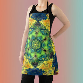 モザイクマンダラフラワーグリーン黄色と青 エプロン