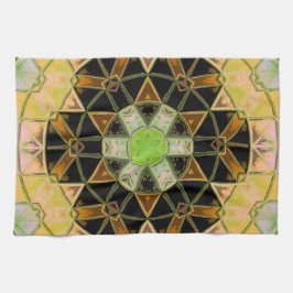 モザイクマンダラフラワーグリーン黄色と黒 キッチンタオル