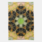 モザイクマンダラフラワーグリーン黄色と黒 キッチンタオル (縦)