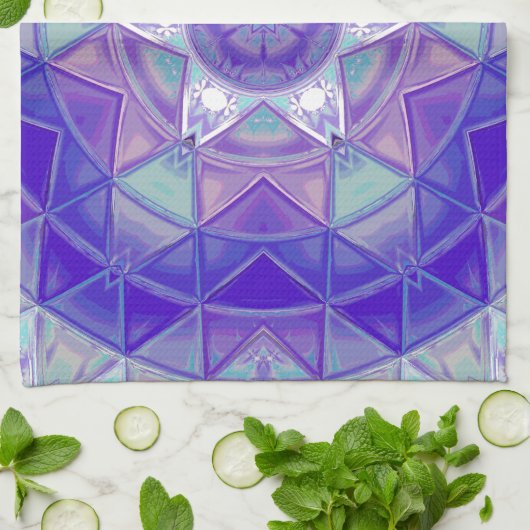 モザイクマンダラフラワーパープルブルーとホワイト キッチンタオル (折り畳み)