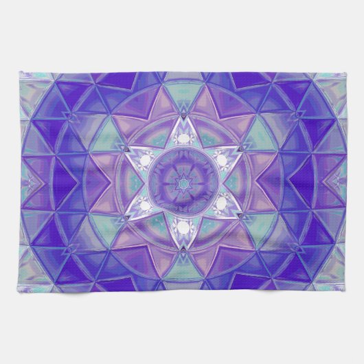 モザイクマンダラフラワーパープルブルーとホワイト キッチンタオル (横)