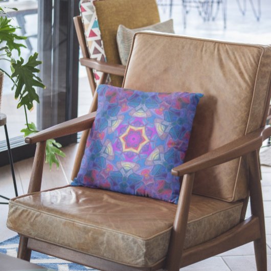 モザイクマンダラフラワーピンクブルーとイエロー クッション