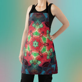 モザイクマンダラフラワーレッドティール(緑がかった色)とブルー エプロン