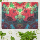 モザイクマンダラフラワーレッドティール(緑がかった色)とブルー キッチンタオル (折り畳み)