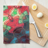 モザイクマンダラフラワーレッドティール(緑がかった色)とブルー キッチンタオル (四つ折り)