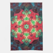 モザイクマンダラフラワーレッドティール(緑がかった色)とブルー キッチンタオル (縦)