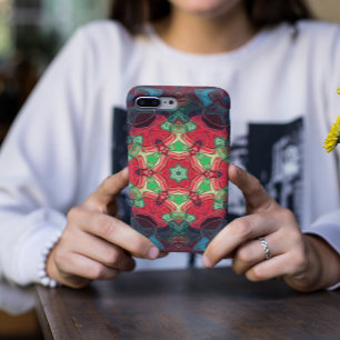 モザイクマンダラフラワーレッドティール(緑がかった色)とブルー iPhone 11 ケース