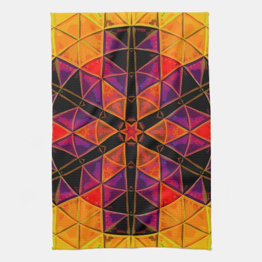 モザイクマンダラフラワーレッドパープルとオレンジ キッチンタオル (縦)