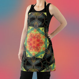 モザイクマンダラフラワーレッド黄緑と黒 エプロン