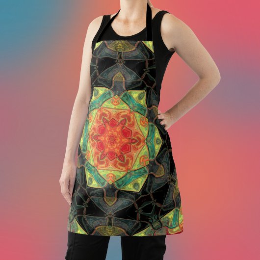 モザイクマンダラフラワーレッド黄緑と黒 エプロン