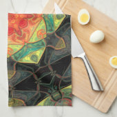 モザイクマンダラフラワーレッド黄緑と黒 キッチンタオル (四つ折り)