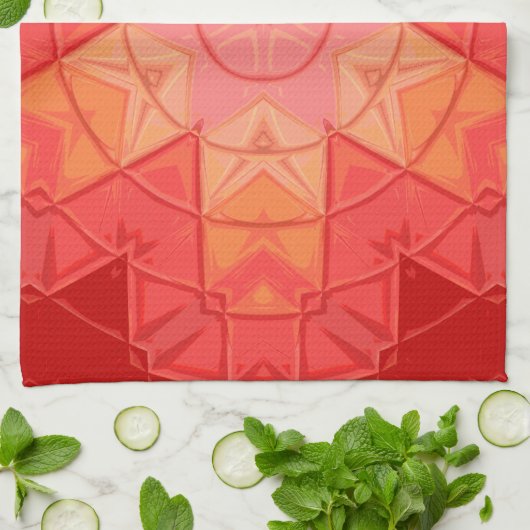 モザイクマンダラフラワー赤とオレンジ キッチンタオル (折り畳み)