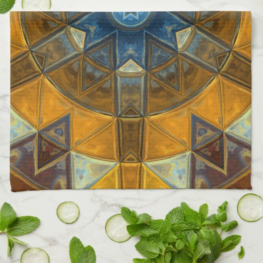 モザイクマンダラフラワー黄色と青 キッチンタオル (折り畳み)