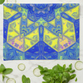 モザイクマンダラブルーとイエロー キッチンタオル (折り畳み)