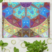 モザイクマンダラブルーピンクとイエロー キッチンタオル (折り畳み)