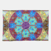 モザイクマンダラブルーピンクとイエロー キッチンタオル (横)
