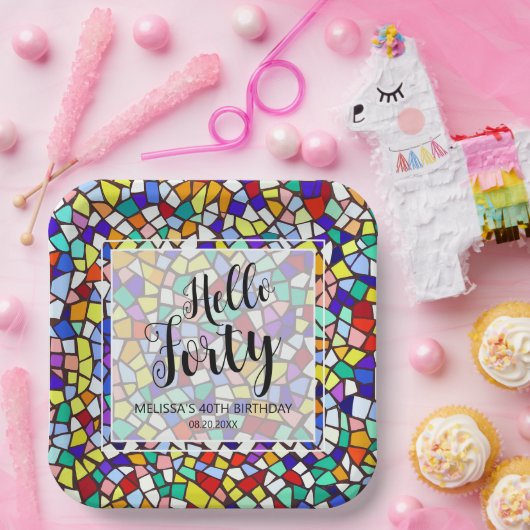 モザイクモダンカラフルハロー40th誕生日 ペーパープレート (パーティー)