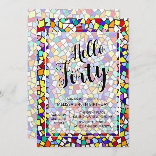 モザイクモダンカラフルハロー40th誕生日 招待状 (正面/裏面)