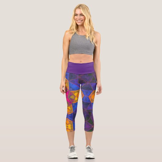 モザイク万華鏡のように千変万化するパターンスクエアイエローブルーとピンクレ カプリレギンス (正面)