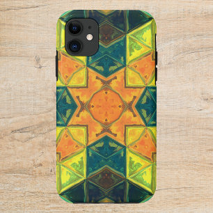 モザイク万華鏡のように千変万化するパターンスクエアオレンジイエロー&グリーン iPhone 11 ケース