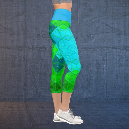 モザイク万華鏡のように千変万化するパターンスクエアグリーンアンドブルーレギンス カプリレギンス
