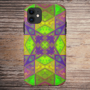 モザイク万華鏡のように千変万化するパターンスクエアグリーンパープルとイエロー iPhone 11 ケース