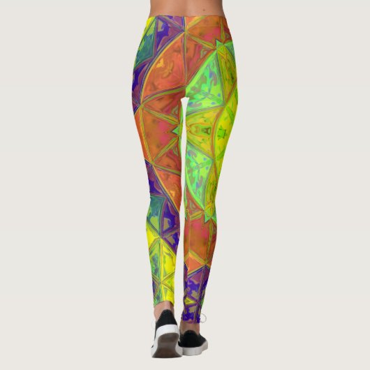 モザイク万華鏡のように千変万化するパターンフラワーイエローグリーンとオレンジ レギンス (裏面)