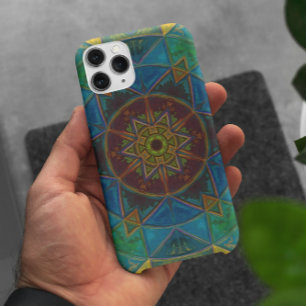 モザイク万華鏡のように千変万化するパターンフラワーイエローブルーとグリーン iPhone 11 ケース