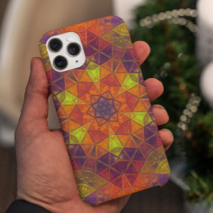 モザイク万華鏡のように千変万化するパターンフラワーオレンジパープル&グリーン iPhone 11 ケース