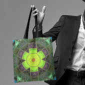 モザイク万華鏡のように千変万化するパターンフラワーグリーンパープルとイエロー トートバッグ