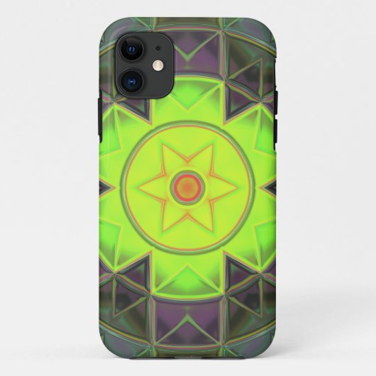 モザイク万華鏡のように千変万化するパターンフラワーグリーンパープルとイエロー Case-Mate iPhoneケース (裏面)