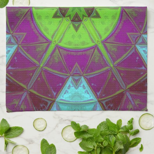 モザイク万華鏡のように千変万化するパターンフラワーグリーンパープルとブルー キッチンタオル (折り畳み)
