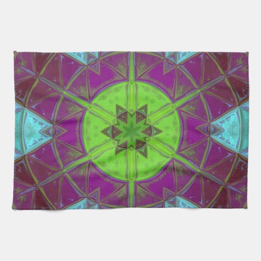 モザイク万華鏡のように千変万化するパターンフラワーグリーンパープルとブルー キッチンタオル (横)