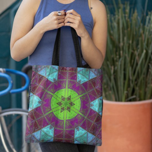 モザイク万華鏡のように千変万化するパターンフラワーグリーンパープルとブルー トートバッグ