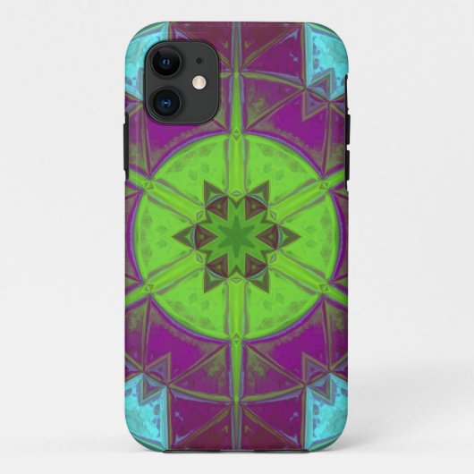 モザイク万華鏡のように千変万化するパターンフラワーグリーンパープルとブルー Case-Mate iPhoneケース (裏面)