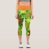 モザイク万華鏡のように千変万化するパターンフラワーグリーン&オレンジレギン カプリレギンス (正面)