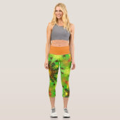 モザイク万華鏡のように千変万化するパターンフラワーグリーン&オレンジレギン カプリレギンス (正面)