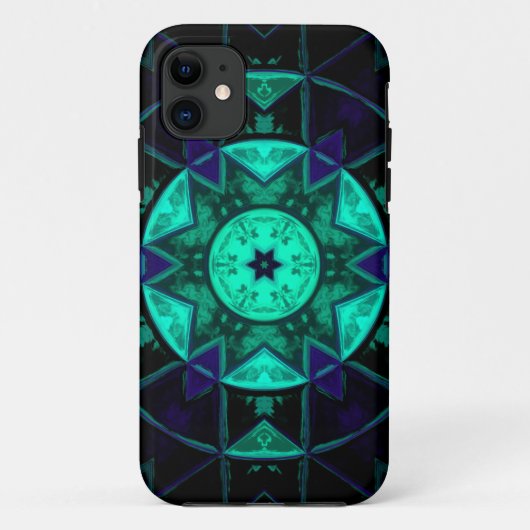 モザイク万華鏡のように千変万化するパターンフラワーティール(緑がかった色)ブラックアンドブルー Case-Mate iPhoneケース (裏面)