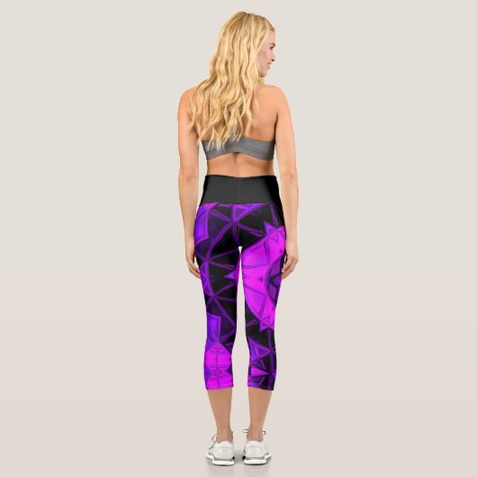 モザイク万華鏡のように千変万化するパターンフラワーパープル&ブラックレギン カプリレギンス (裏面)