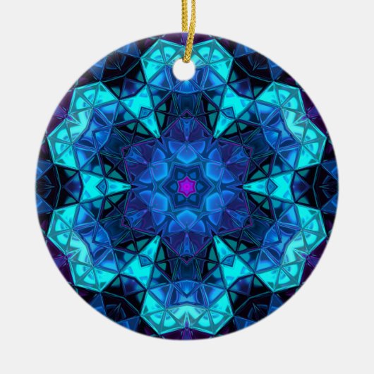 モザイク万華鏡のように千変万化するパターンフラワーブルーとパープル セラミックオーナメント (正面)