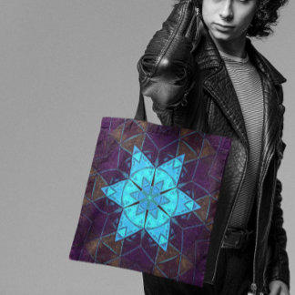 モザイク万華鏡のように千変万化するパターンフラワーブルーとパープル トートバッグ