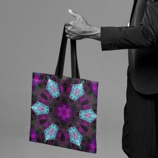 モザイク万華鏡のように千変万化するパターンフラワーブルーとパープル トートバッグ