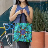 モザイク万華鏡のように千変万化するパターンフラワーブルーグリーンとオレンジ トートバッグ