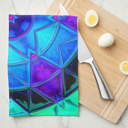 モザイク万華鏡のように千変万化するパターンフラワーブルーパープルとティール（緑がかった色） キッチンタオル (四つ折り)