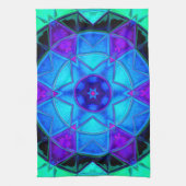 モザイク万華鏡のように千変万化するパターンフラワーブルーパープルとティール(緑がかった色) キッチンタオル (縦)